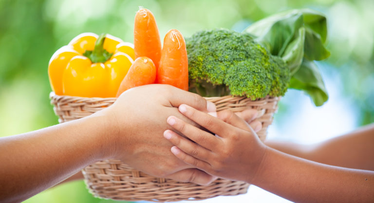 hands holding basket of vegetables