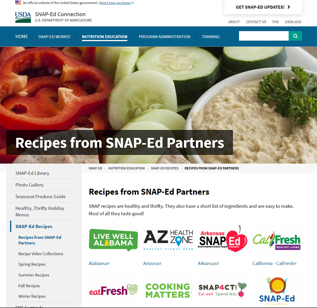 SNAP-Ed Partner Recipes website screen grab full